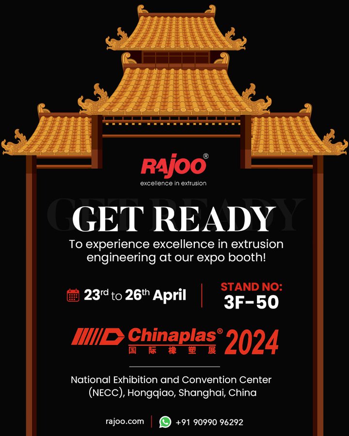 We look forward to welcoming you!<br /><br />Date: 23rd to 26th April<br />Stand no: 3F-50<br />National Exhibition and Convention Center (NECC), Hongqiao, Shanghai, China<br /><br />#ChinaPlas #Shanghai #PlasticExhibition #Precision #Excellence #RajooEngineers #Rajkot #PlasticMachinery #Machines