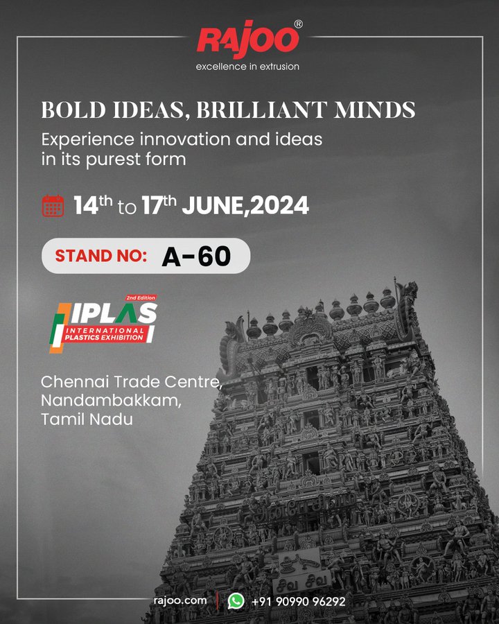 Visit us to witness innovation in its purest form, shaping the future of extrusion technology.<br />14th to 17th June 2024<br />Stand No: A60<br />Chennai Trade Centre, Nandambakkam,<br />Tamil Nadu<br />#IPLAS2024 #PlasticsExhibition #Rajkot #PlasticMachinery #Machines #PlasticiIndustry #RajooEngineers