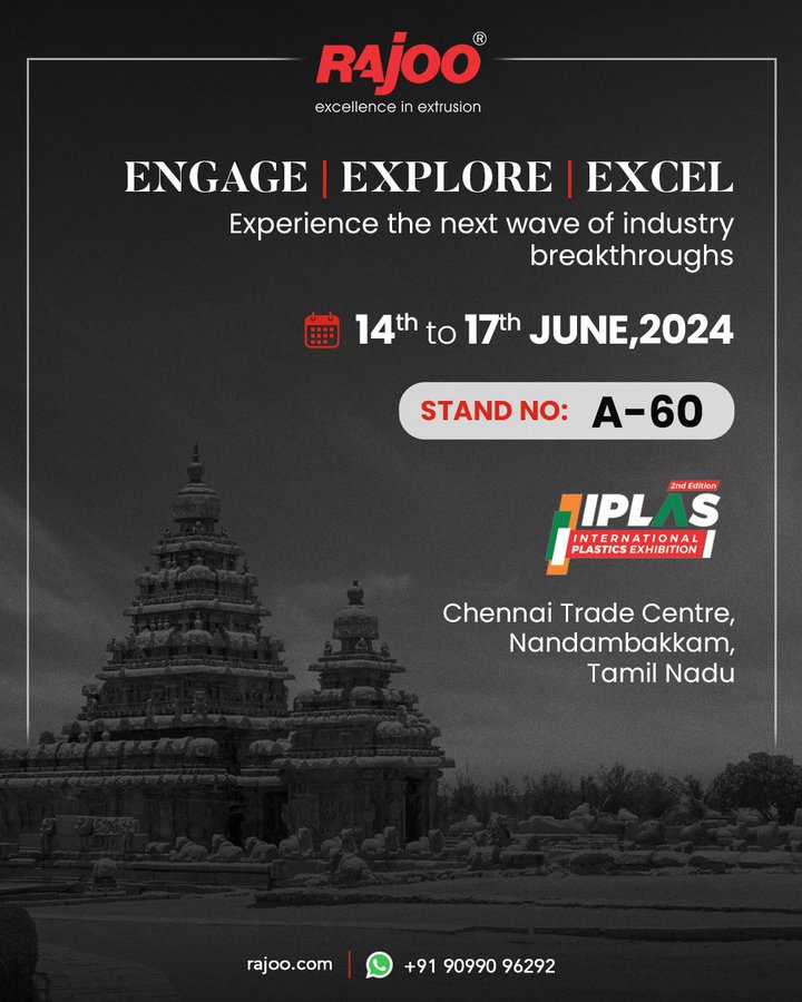 Engage with us and witness the next wave of breakthroughs in extrusion technology.<br /><br />14th to 17th June, 2024<br />Stand No: A60<br />Chennai Trade Centre, Nandambakkam,<br />Tamil Nadu<br /><br />#IPLAS2024 #PlasticsExhibition #Chennai #Extrusion #Rajkot #PlasticMachinery #Machines #PlasticiIndustry