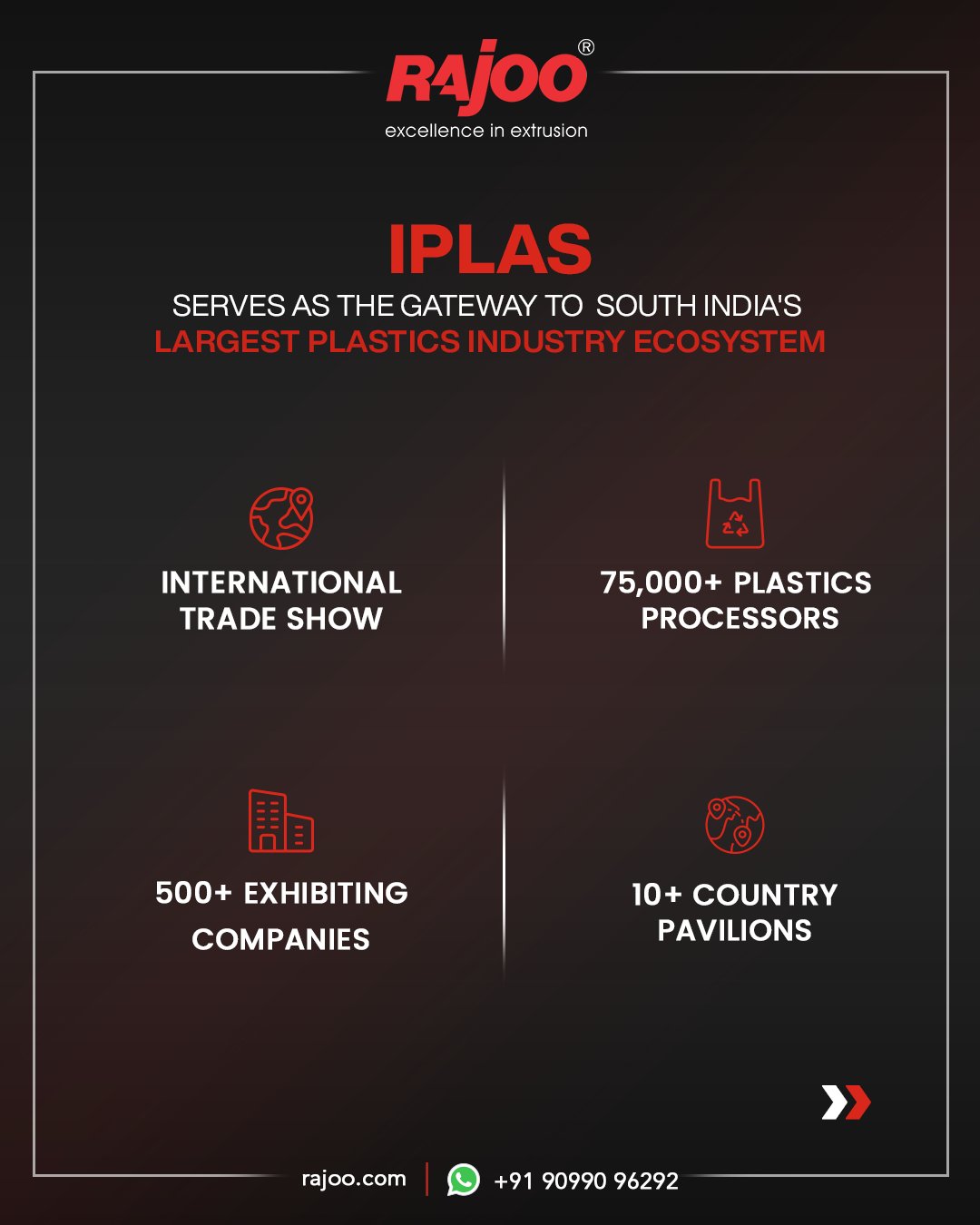 Don't miss the opportunity to connect with us at our booth!<br /><br />14th to 17th June, 2024<br />Stand No: A60<br />Chennai Trade Centre, Nandambakkam, Tamil Nadu<br /><br />#IPLAS2024 #PlasticsExhibition #Chennai #Extrusion #Rajkot #PlasticMachinery #Machines #PlasticiIndustry #RajooEngineers